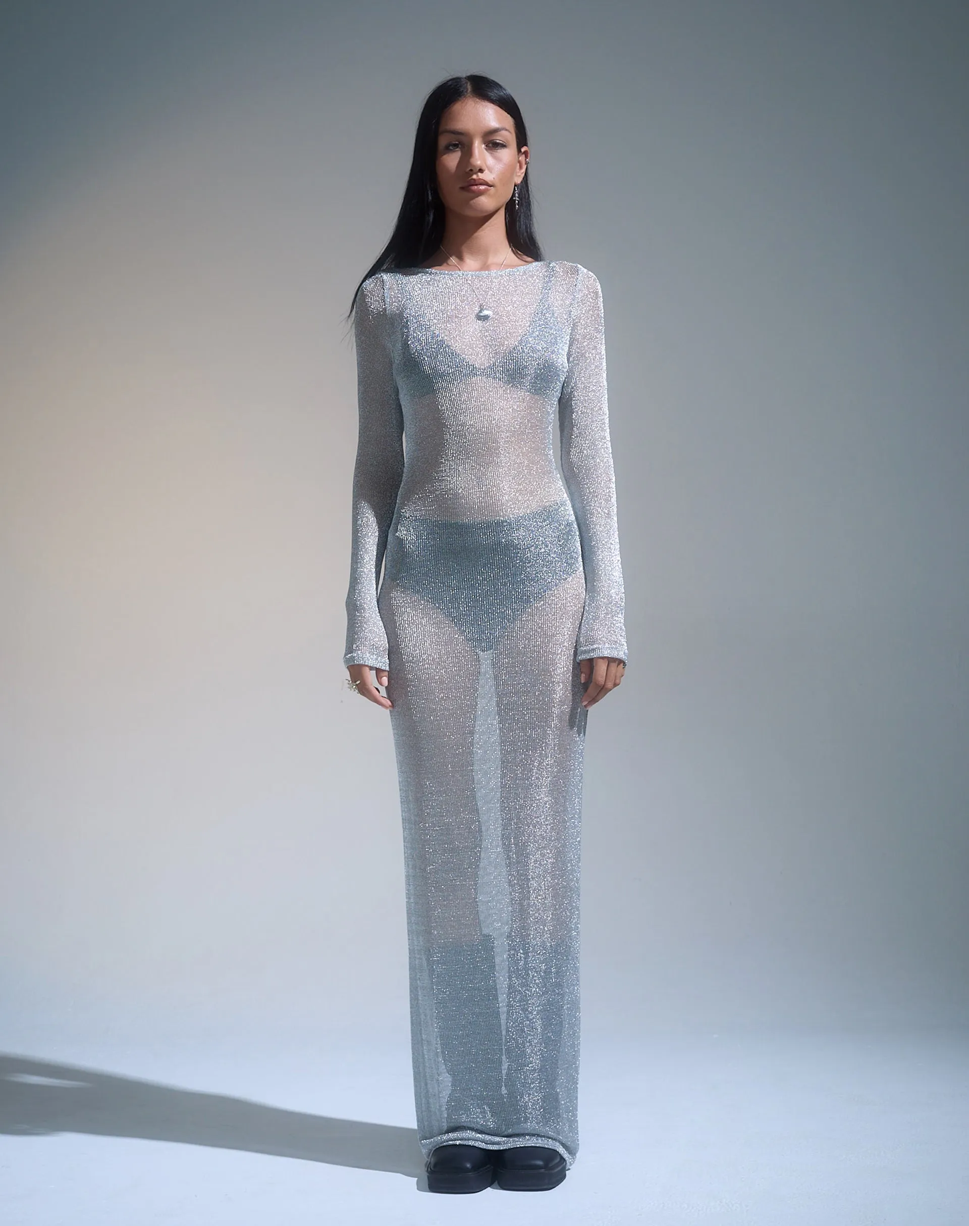 Lavinia Long Sleeve Maxi Dress in Silver Chain