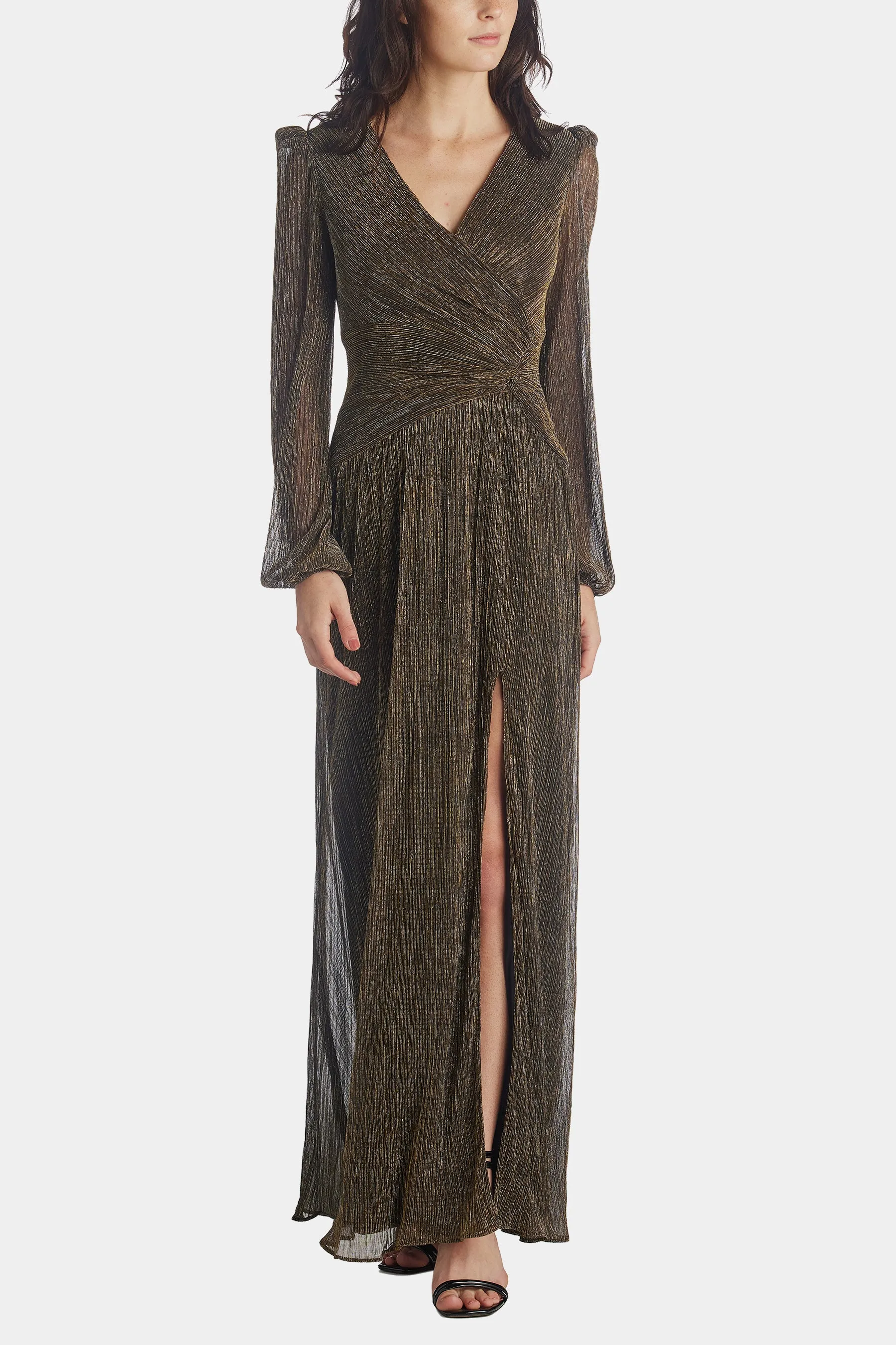 Long, Long Sleeve Metallic Wrap Gown