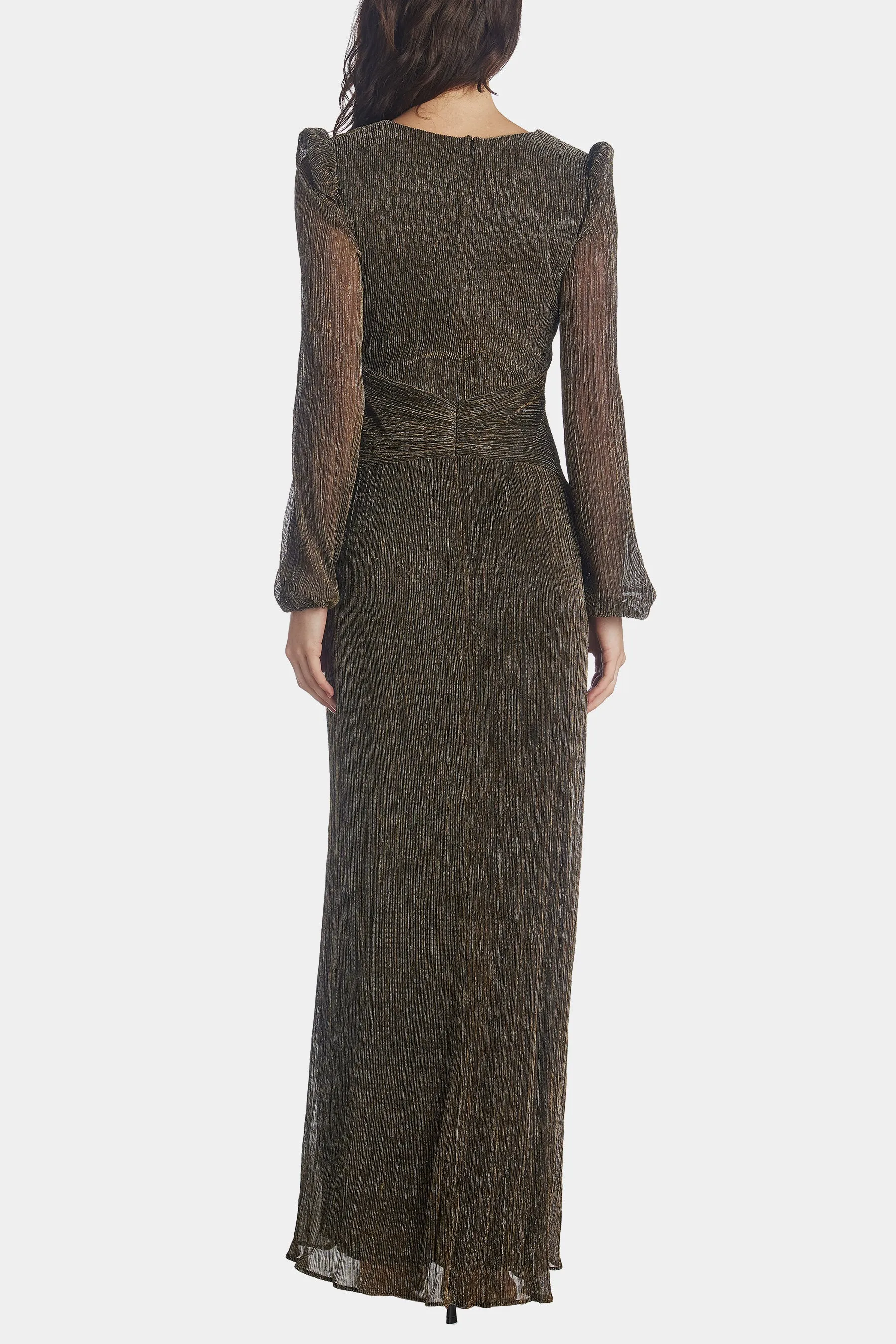 Long, Long Sleeve Metallic Wrap Gown