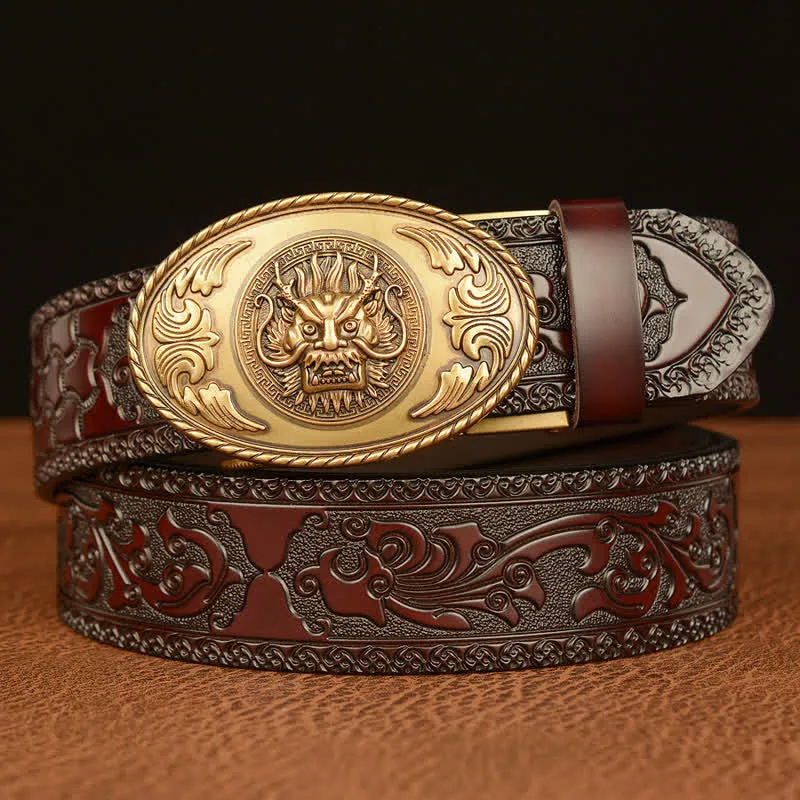 Men's Dragon Elliptical Buckle Leather Belt