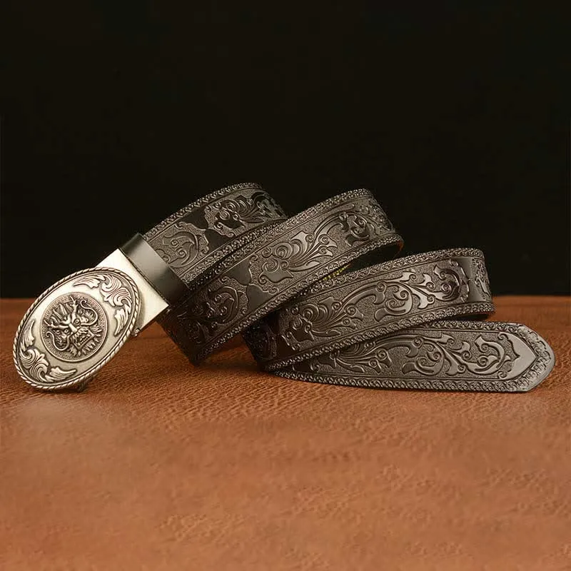 Men's Dragon Elliptical Buckle Leather Belt