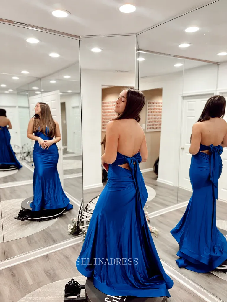 Mermaid Halter Simple Long Formal Dress Bow Tie Open Back Prom Dresses Evening Dress KPY031