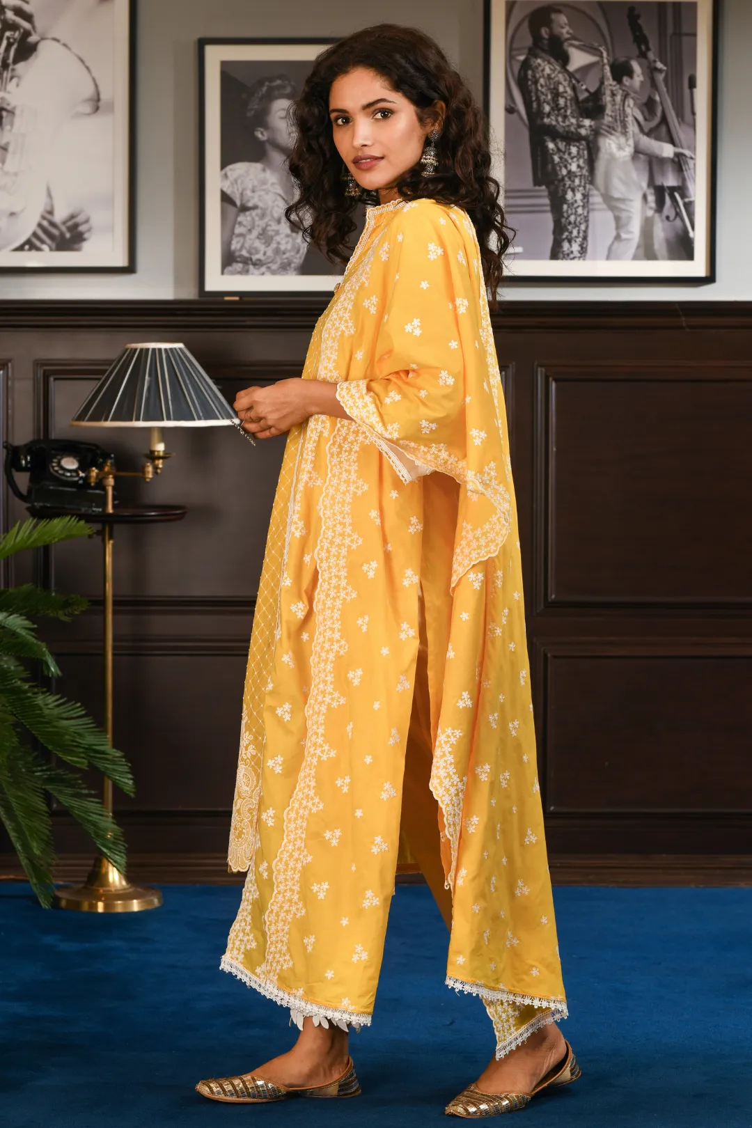 Mulmul Cotton Cayo Yellow Kurta With Hibiscus pyajamas