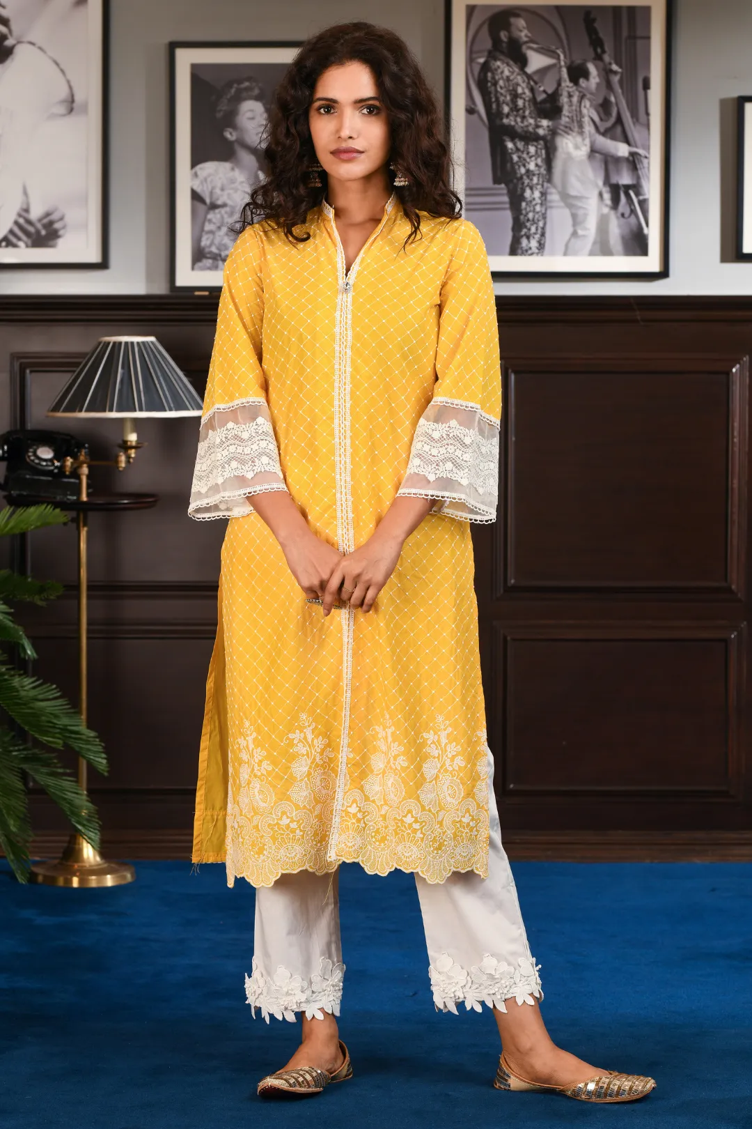 Mulmul Cotton Cayo Yellow Kurta With Hibiscus pyajamas