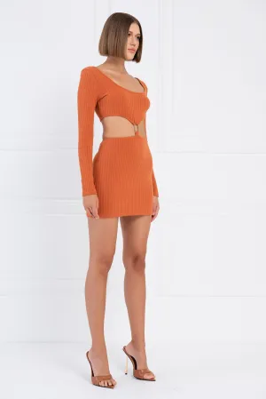 New Women's Sexy Bodycon Cut-Out Knit Long Sleeve Short Party Dress Ochre