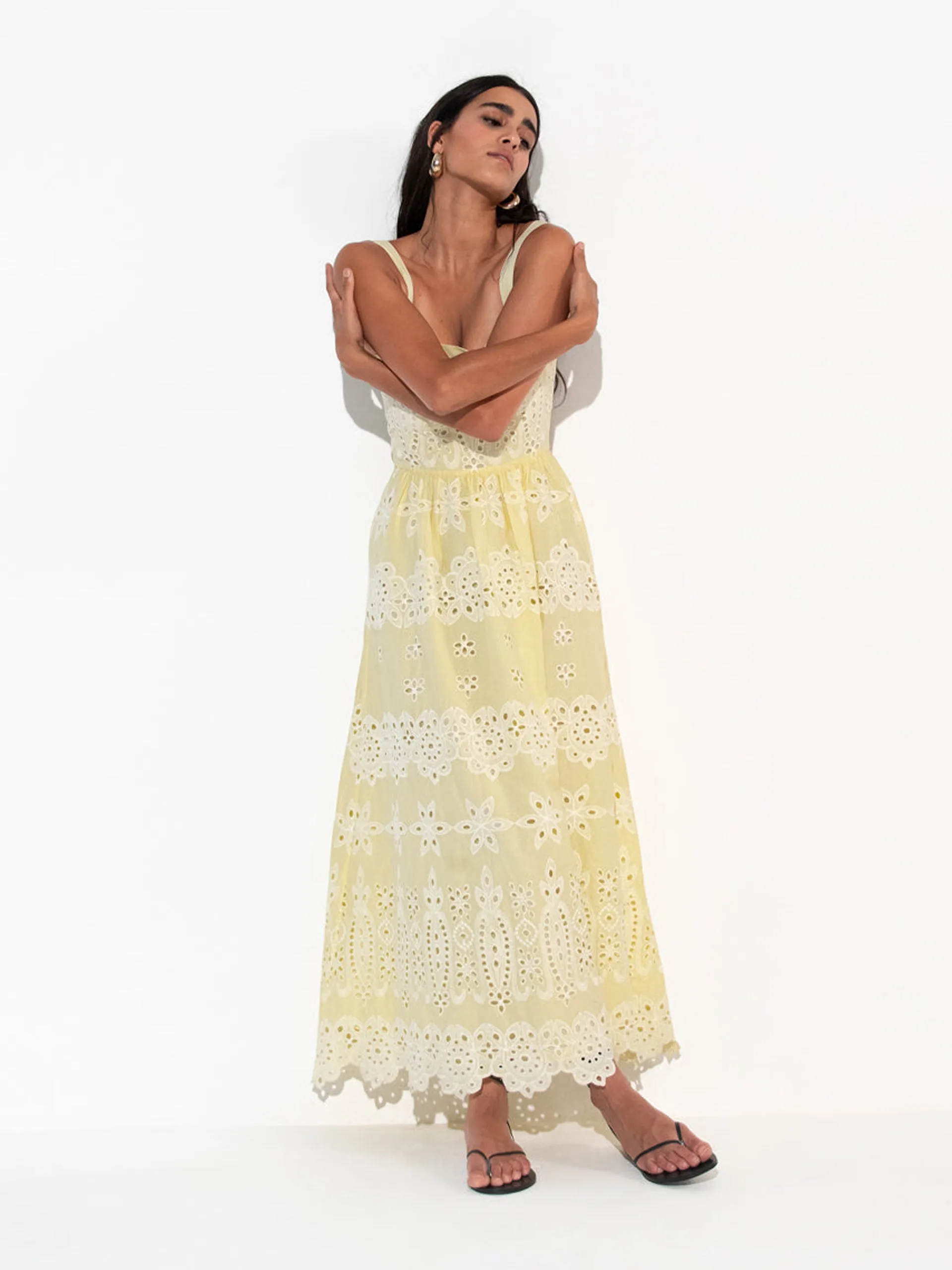 Ninet yellow broderie anglaise maxi dress