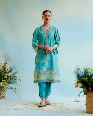 Peacock Blue Printer Kurta with 
delicate lace detailing with Tulip Pants and Dupatta