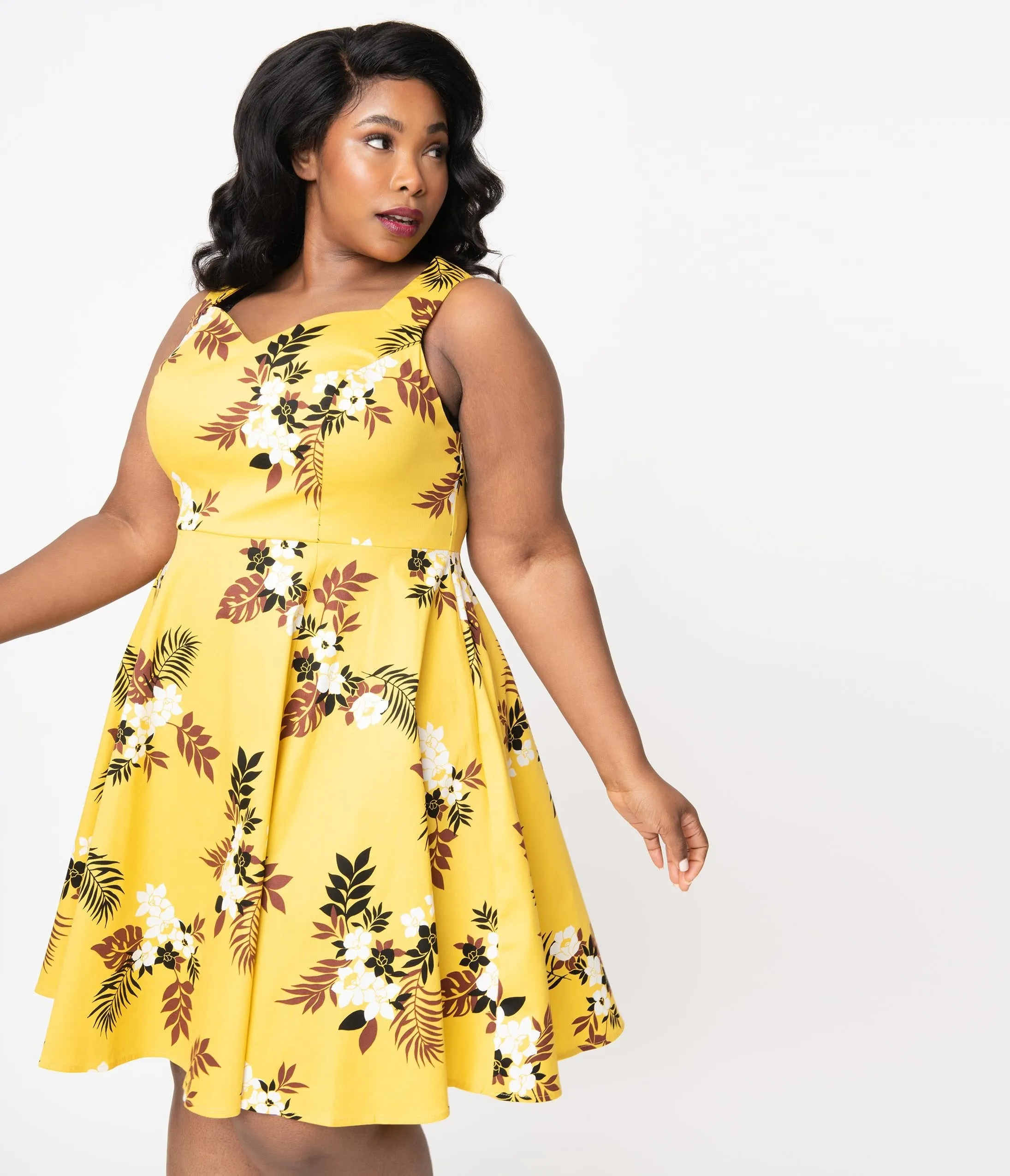 Plus Size 1950s Style Mustard & Ivory Floral Swing Dress