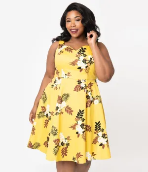 Plus Size 1950s Style Mustard & Ivory Floral Swing Dress