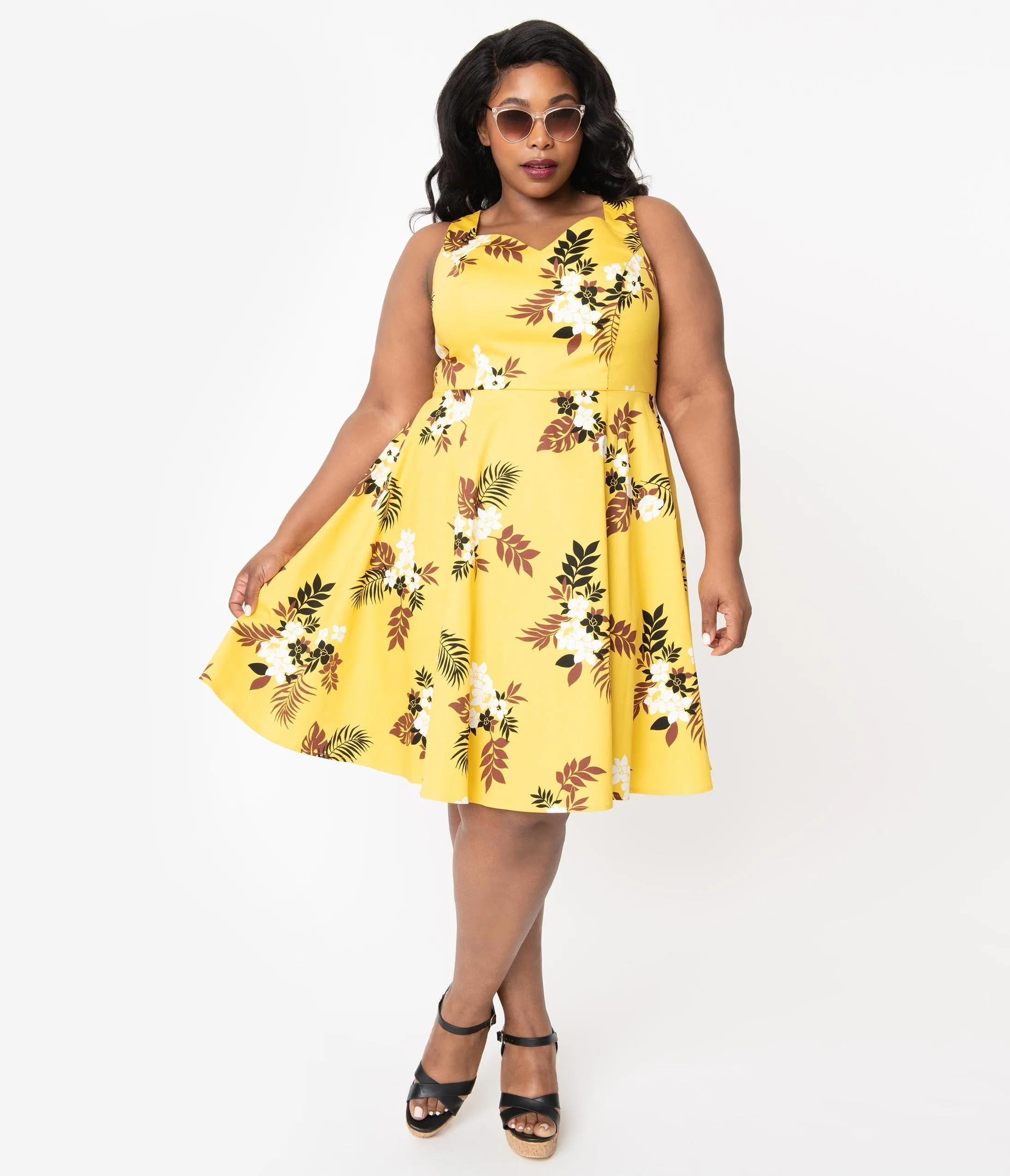 Plus Size 1950s Style Mustard & Ivory Floral Swing Dress