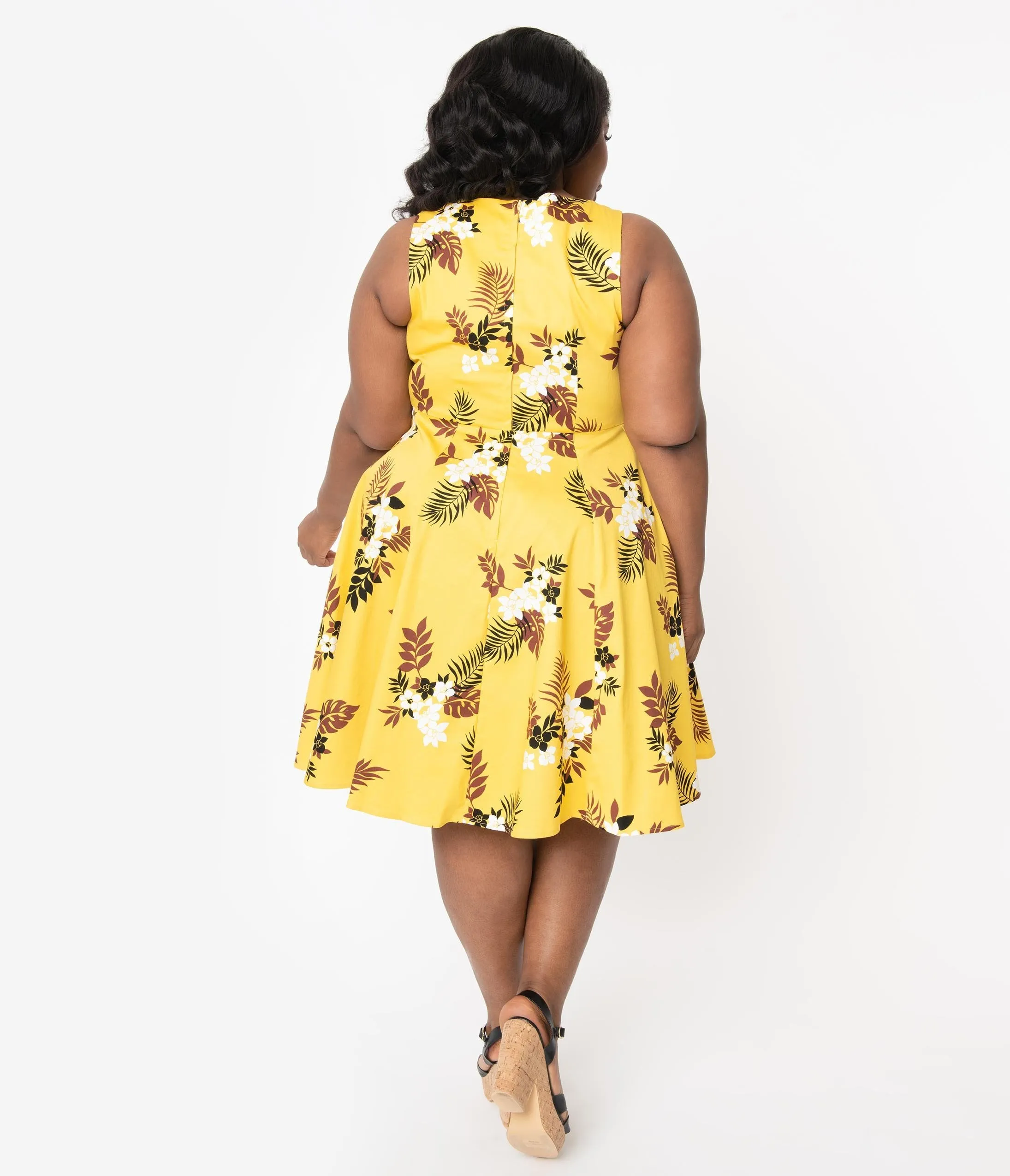 Plus Size 1950s Style Mustard & Ivory Floral Swing Dress