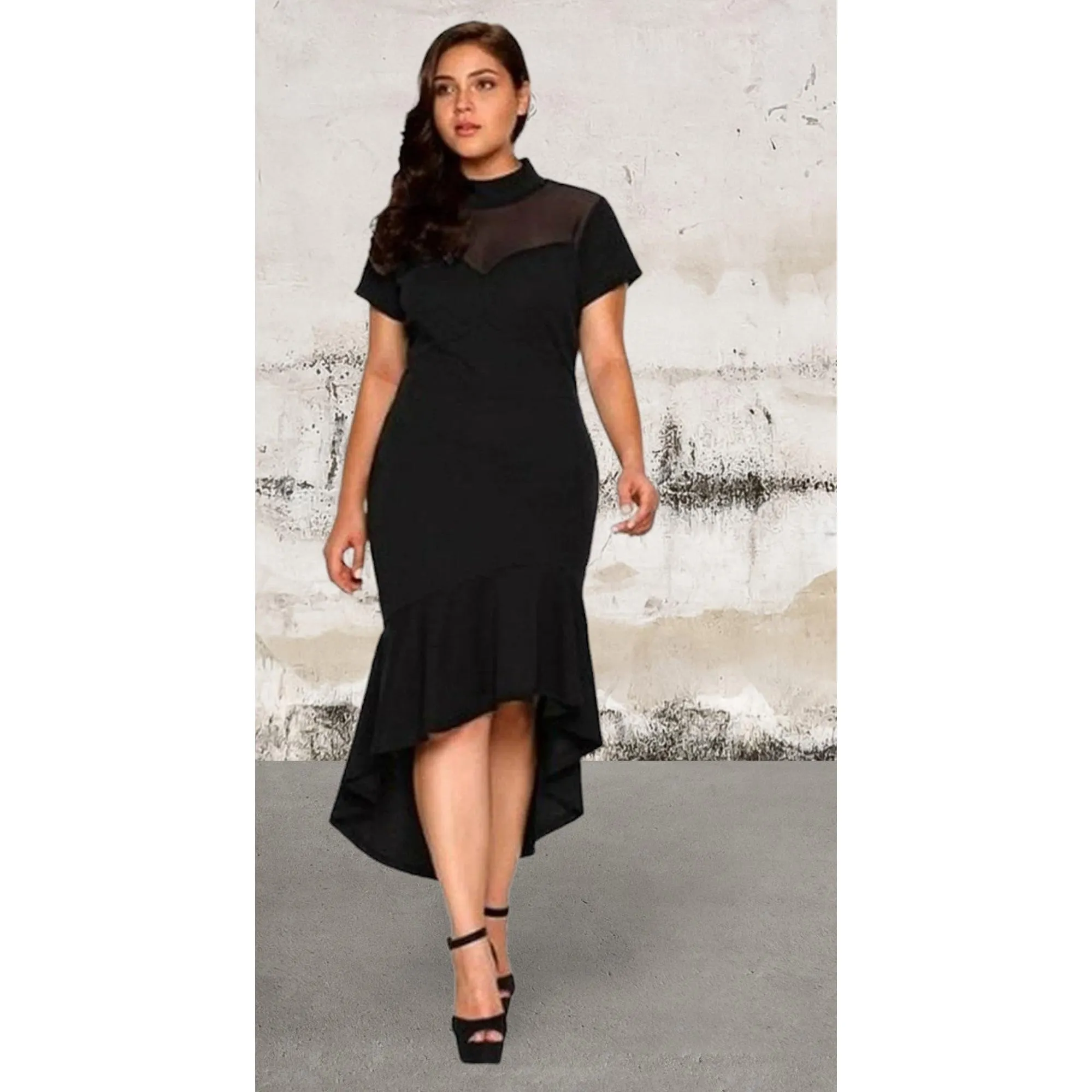 Plus size short sleeve stretchy hi-low dress