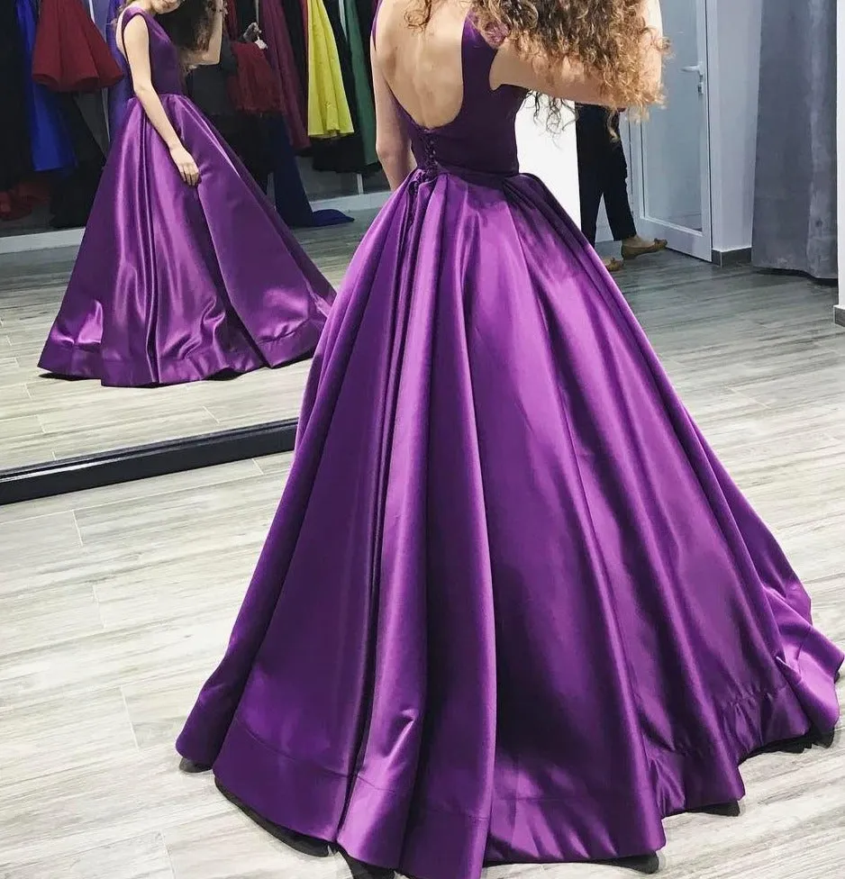 Purple Backless Charming Long Satin Simple Prom Dresses