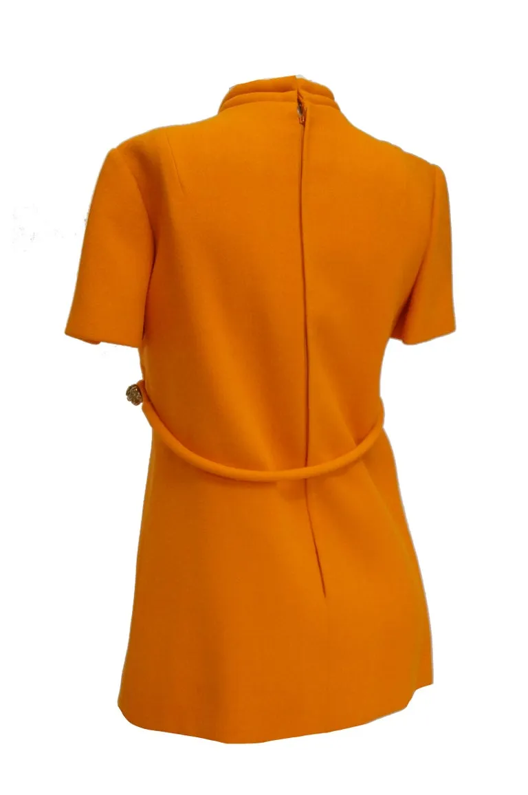 Rare 1960s Bill Blass Orange Mod Mini Dress with Nugget Belt Detail