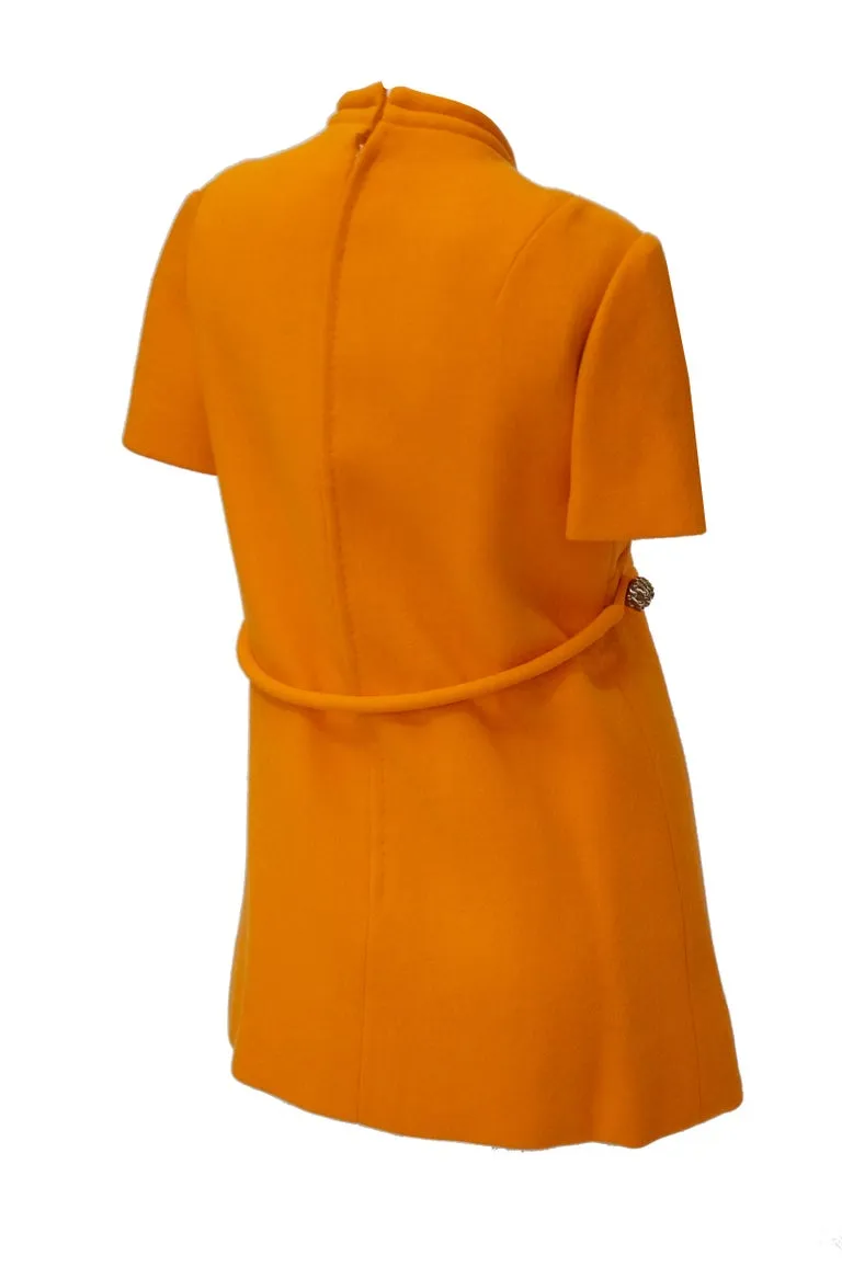 Rare 1960s Bill Blass Orange Mod Mini Dress with Nugget Belt Detail