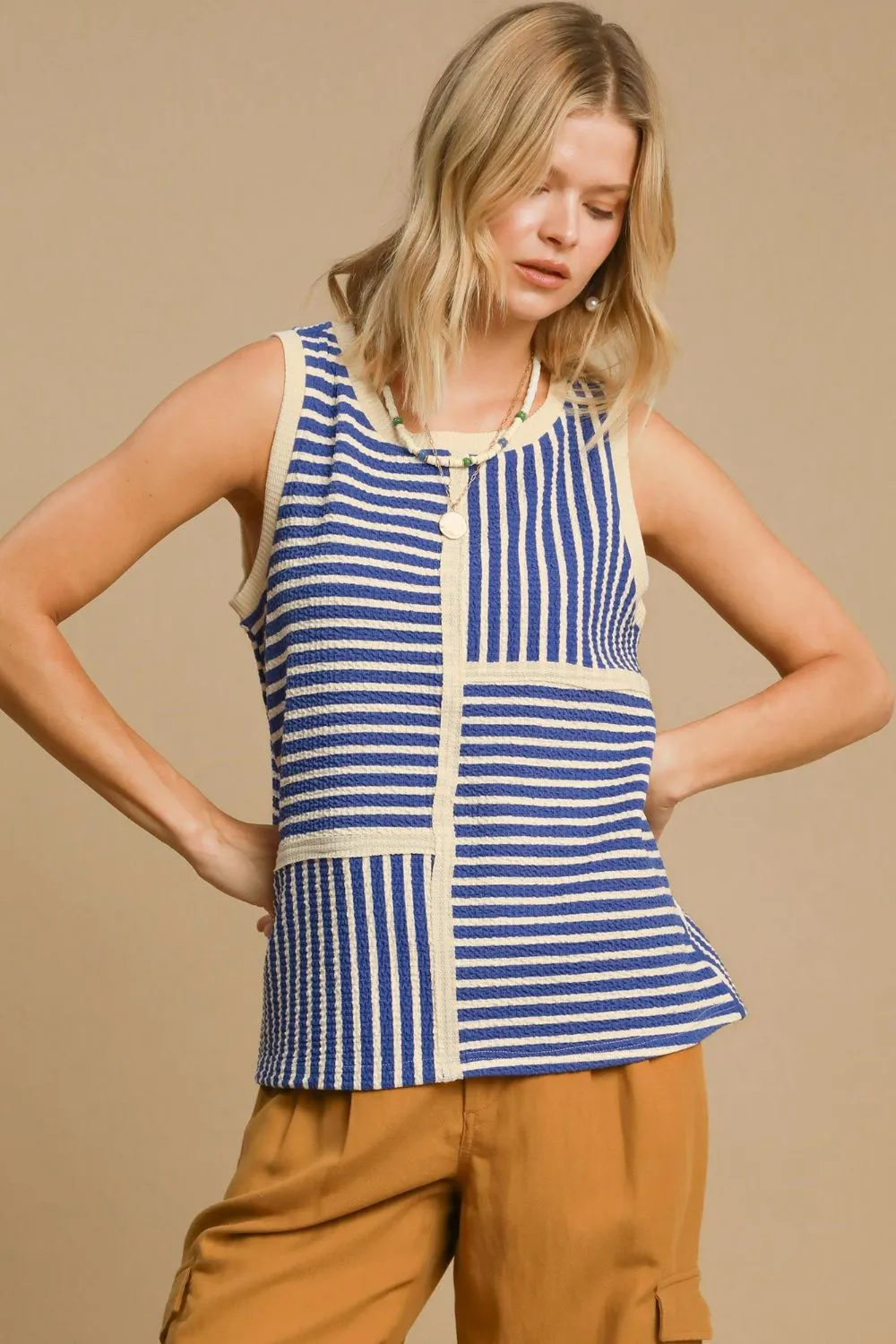 Round Neck Texture Striped Tank