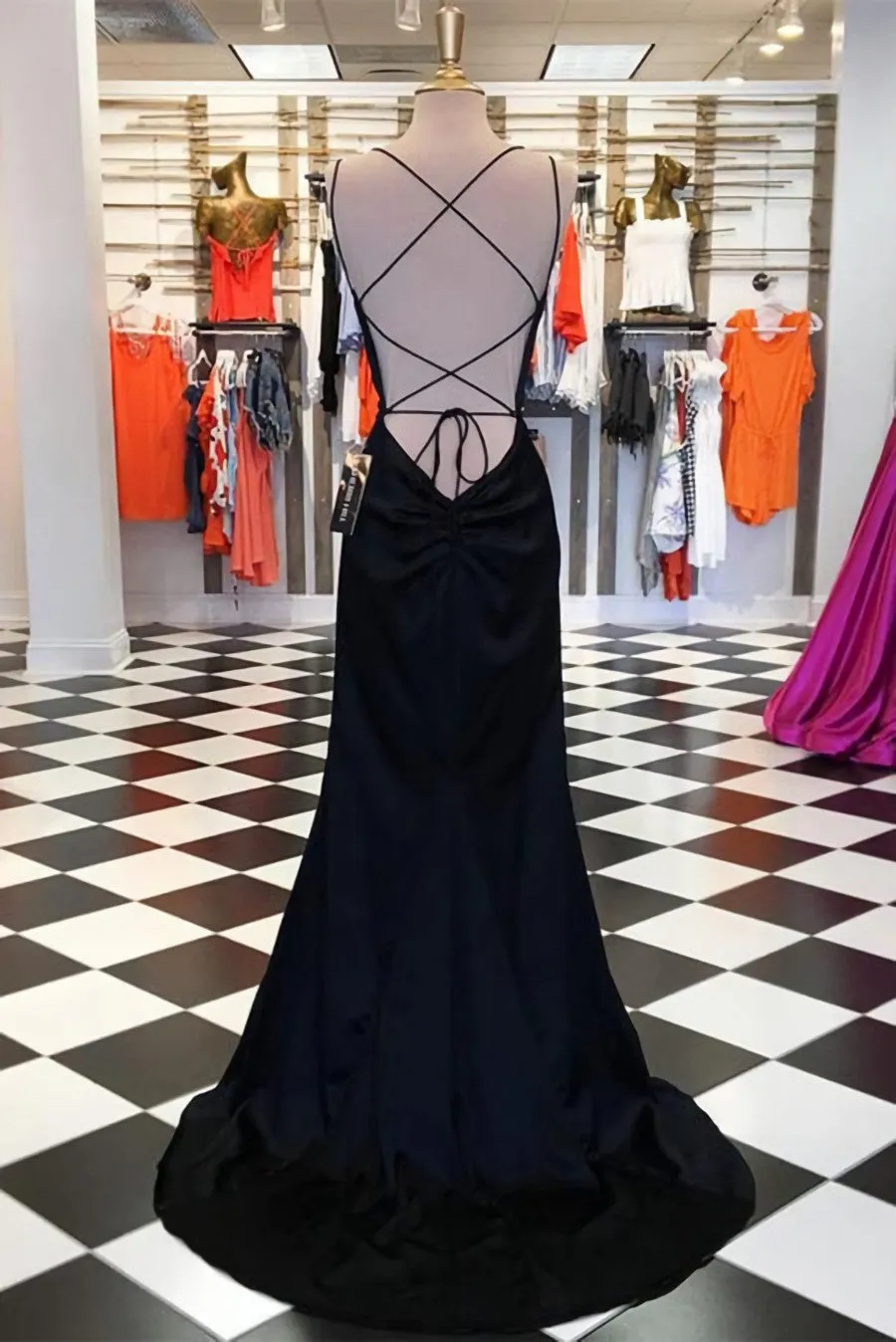 Simple Black Satin Sheath Spaghetti Straps Long Prom Dresses, Evening Gown