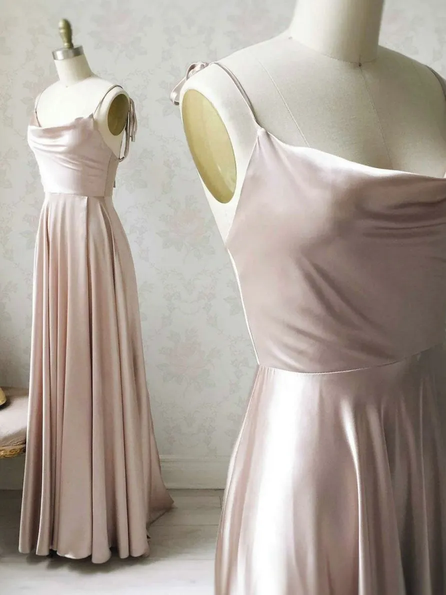 Simple pink satin long prom dress satin evening dress