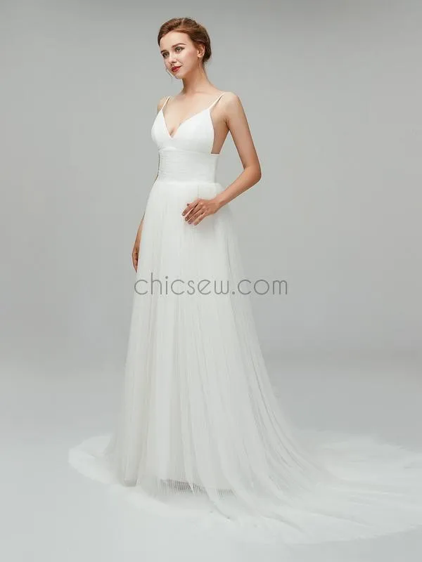 Simple Spaghetti Strap Cheap Backless Long Wedding Dresses XDM1105