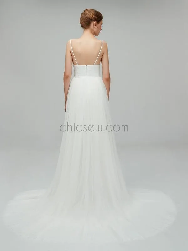 Simple Spaghetti Strap Cheap Backless Long Wedding Dresses XDM1105