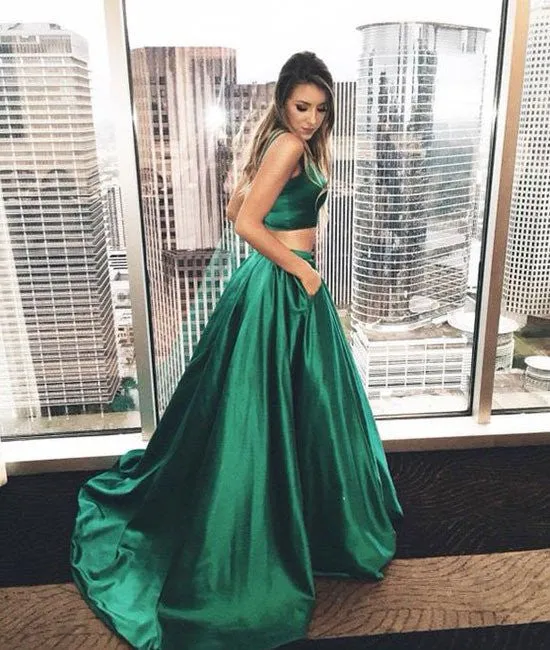 Simple Two Pieces Long Green Prom Dresses, Green Evening Dresses