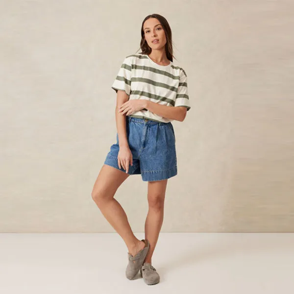 Slouchy Split Hem Tee - Eggshell   Moss Green Bold Stripe