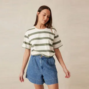 Slouchy Split Hem Tee - Eggshell   Moss Green Bold Stripe