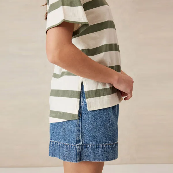 Slouchy Split Hem Tee - Eggshell   Moss Green Bold Stripe