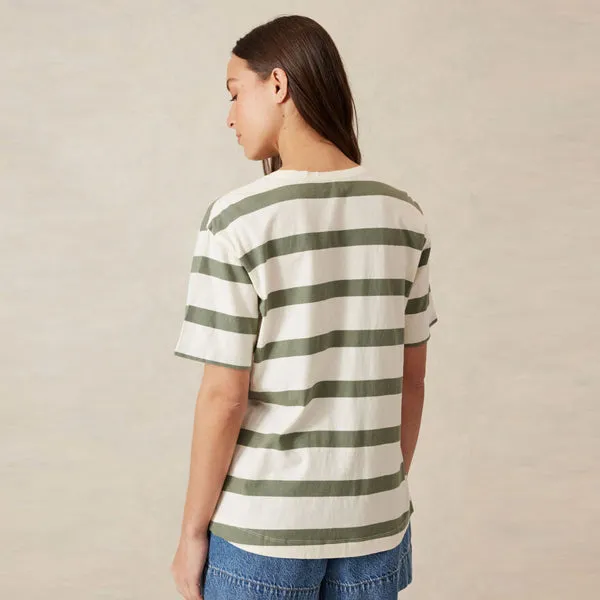 Slouchy Split Hem Tee - Eggshell   Moss Green Bold Stripe