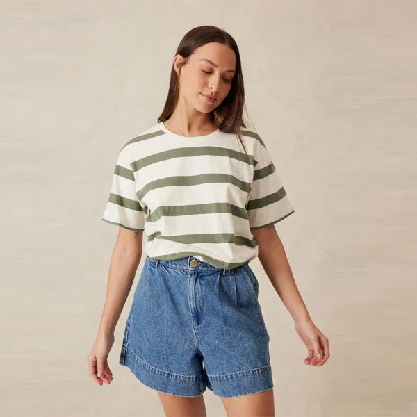 Slouchy Split Hem Tee - Eggshell   Moss Green Bold Stripe