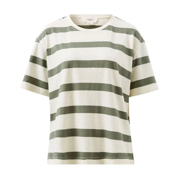 Slouchy Split Hem Tee - Eggshell   Moss Green Bold Stripe