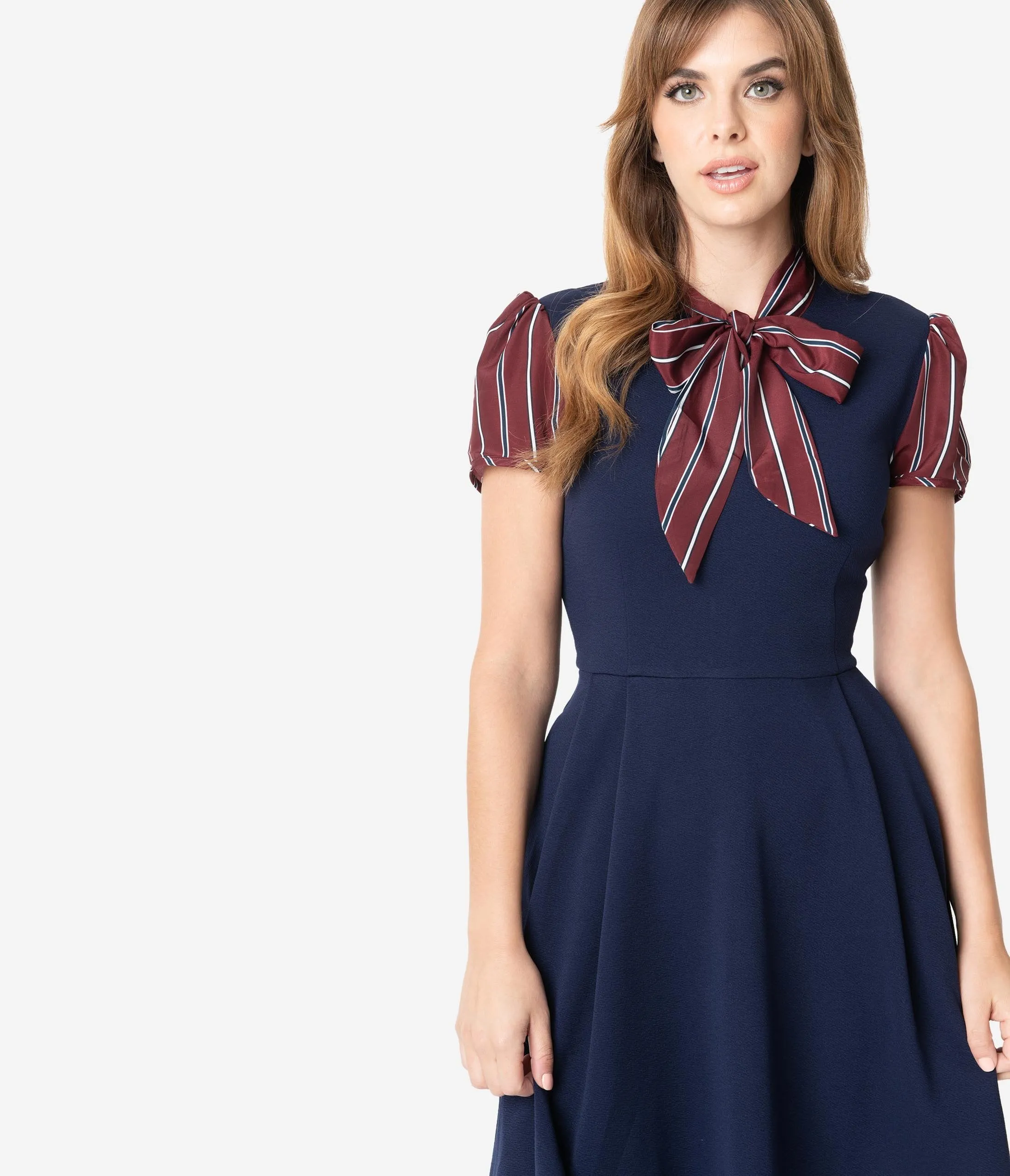 Smak Parlour 1960s Navy Blue & Burgundy Stripe Sleeve Fit & Flare Dress