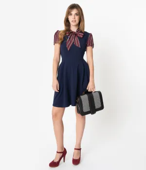 Smak Parlour 1960s Navy Blue & Burgundy Stripe Sleeve Fit & Flare Dress