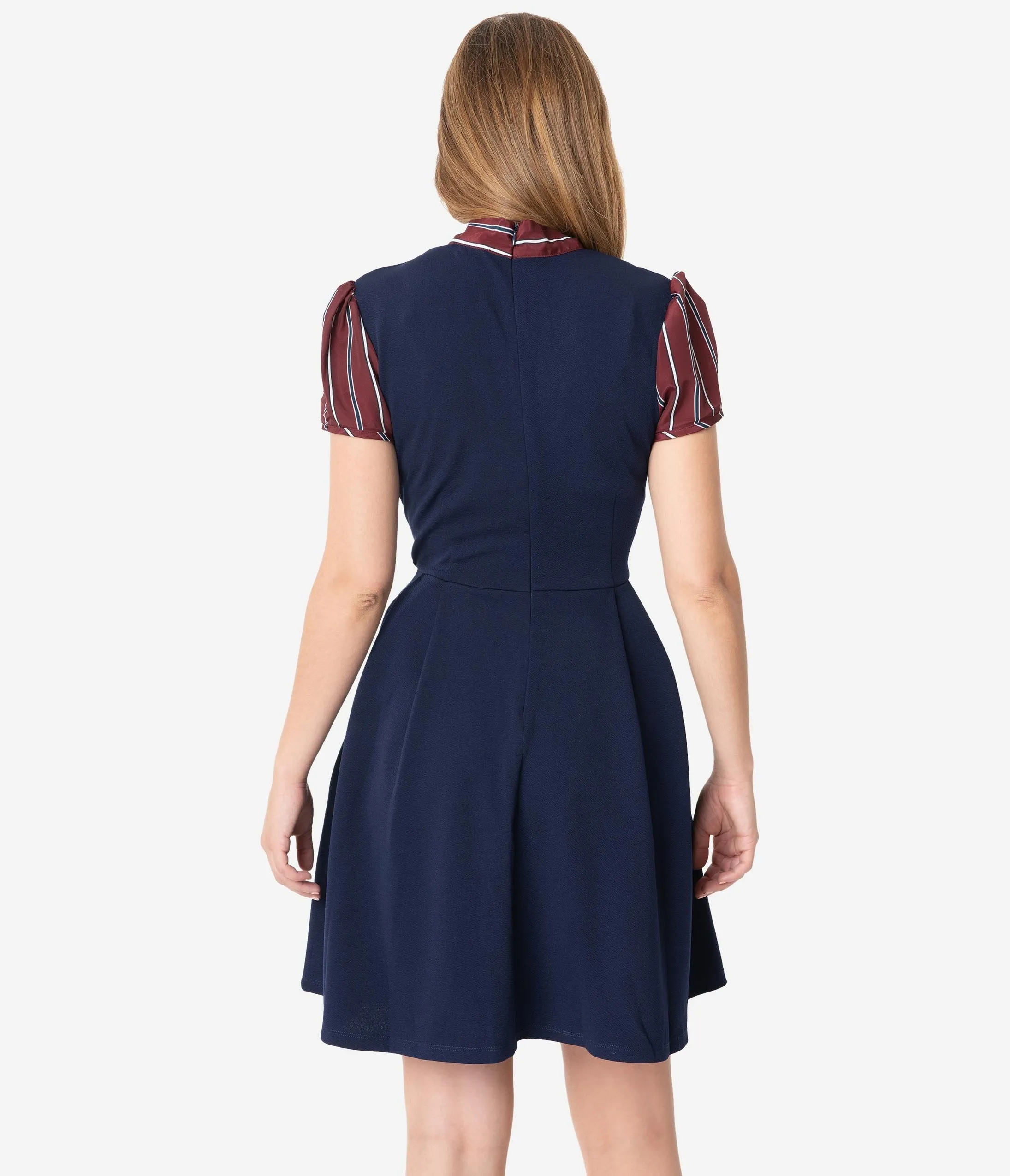 Smak Parlour 1960s Navy Blue & Burgundy Stripe Sleeve Fit & Flare Dress