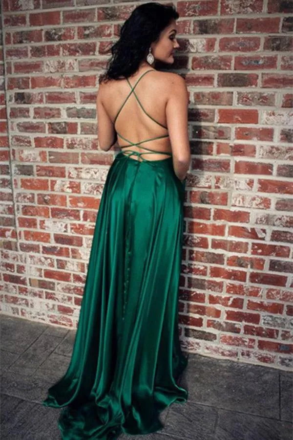 Spaghetti Strap Simple Prom Dress with Side Slit, Long Bridesmaid Dresses