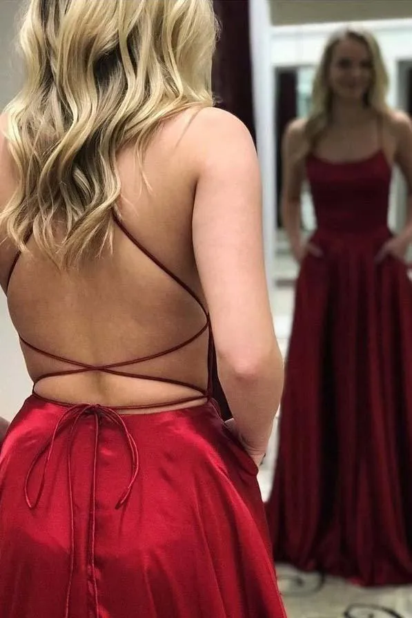 Spaghetti Strap Simple Prom Dress with Side Slit, Long Bridesmaid Dresses