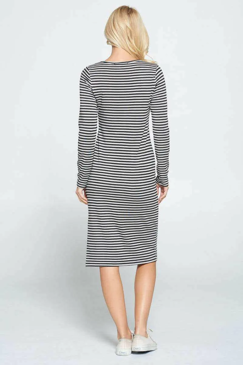 Striped Relaxed Bodycon Midi Dress with Slit