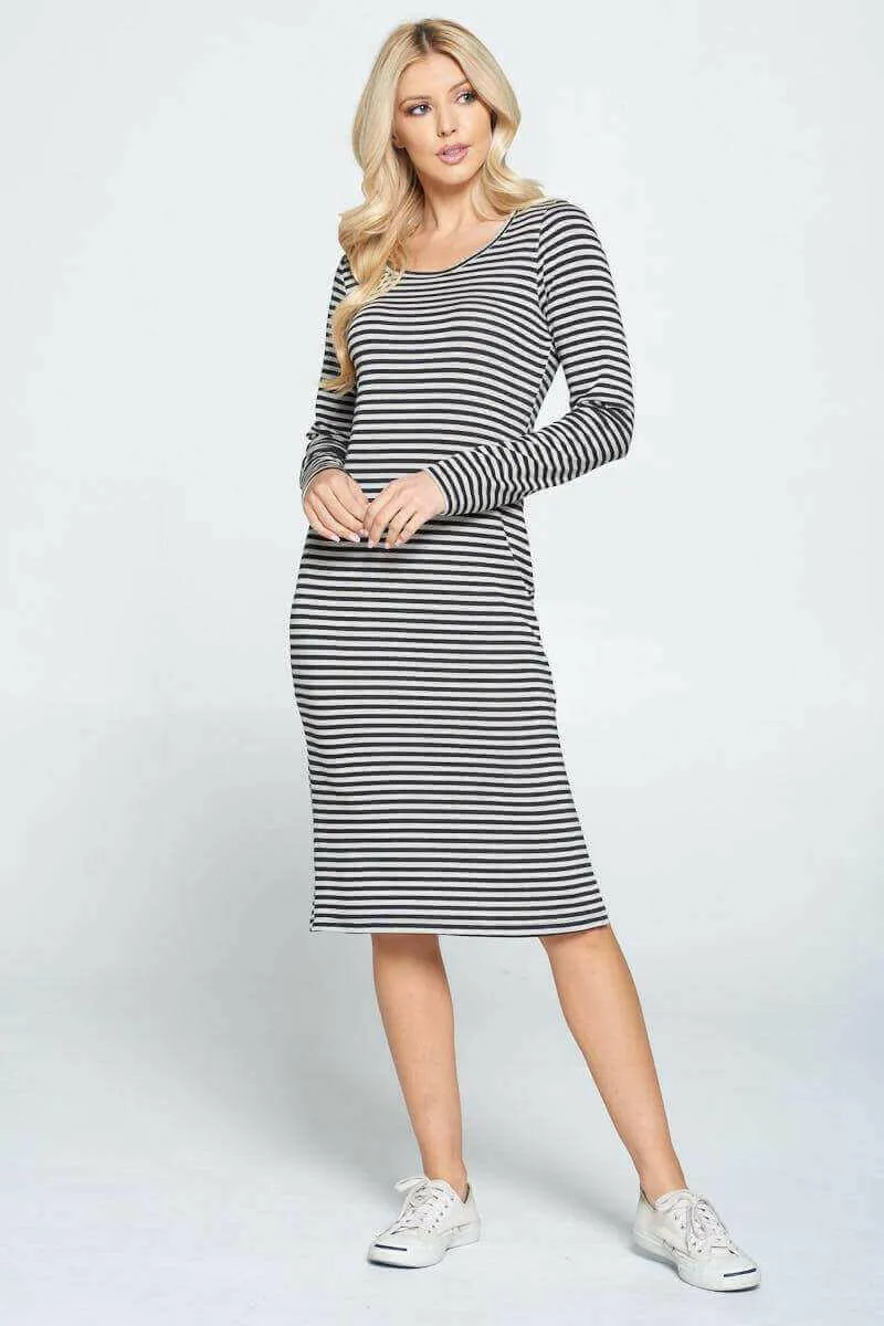 Striped Relaxed Bodycon Midi Dress with Slit