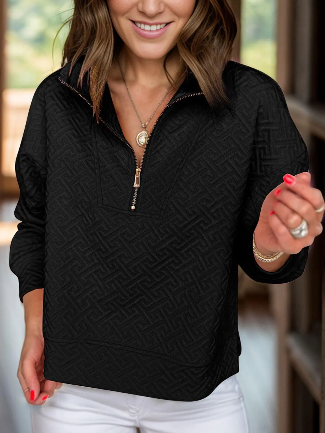 Textured Sweatshirt Half Zip Long Sleeve Tops