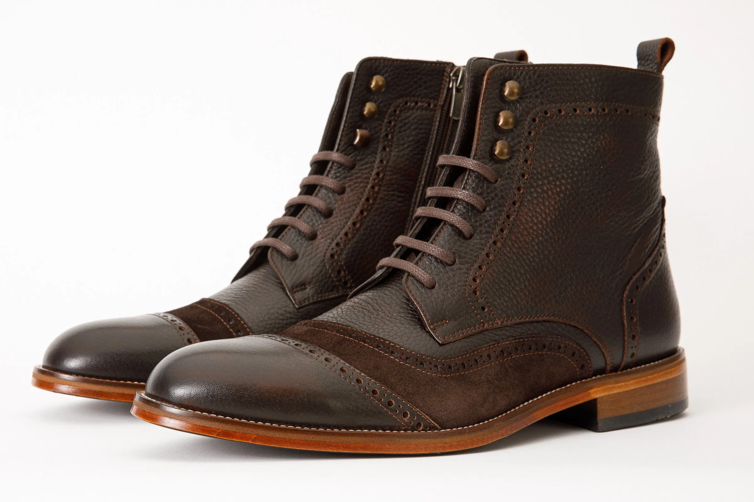 The Anderson Brown Leather & Suede Brogue Lace-Up Men Boot with a Zipper