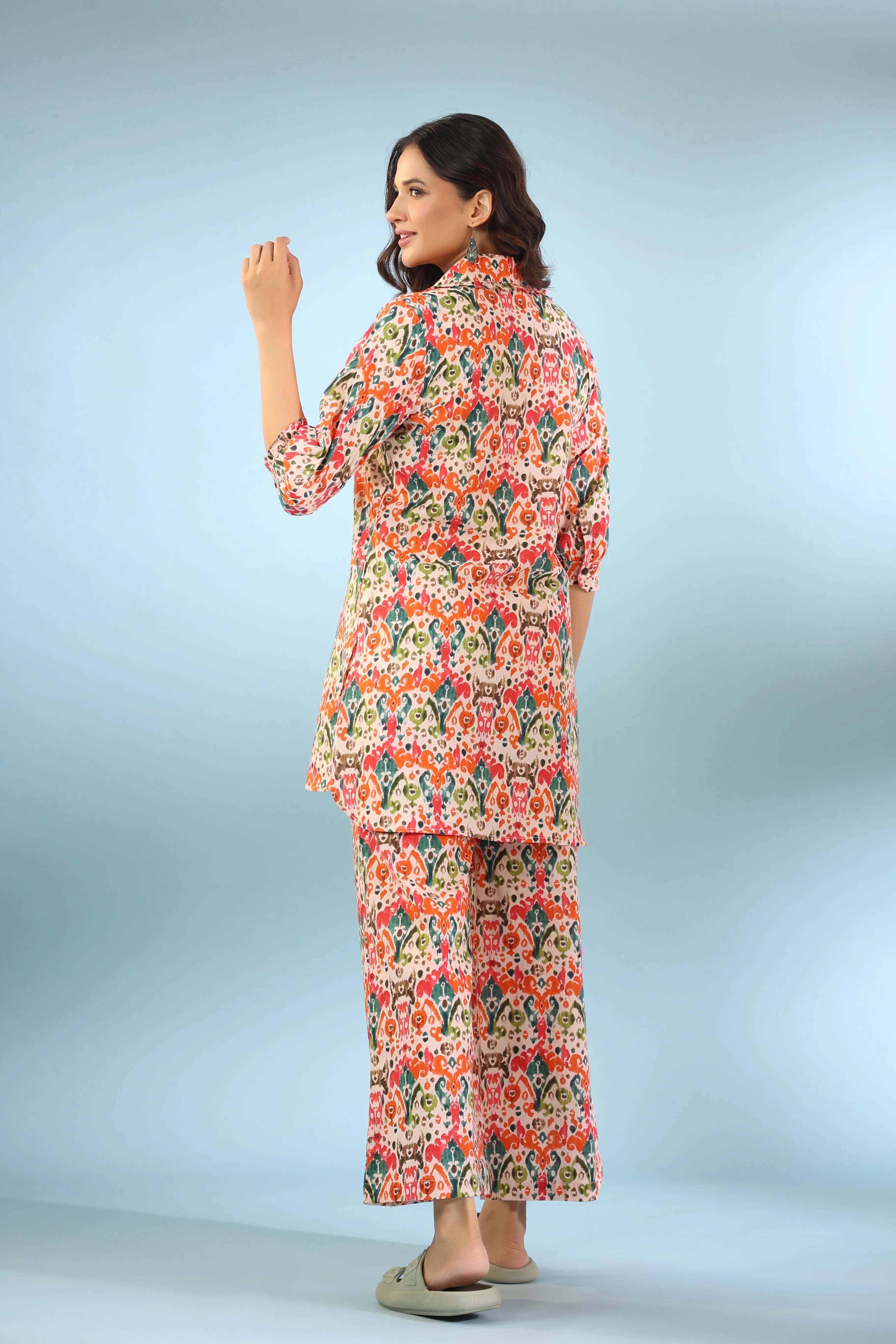 Traditional Ikat on Collared Cotton Palazzo Loungewear Set